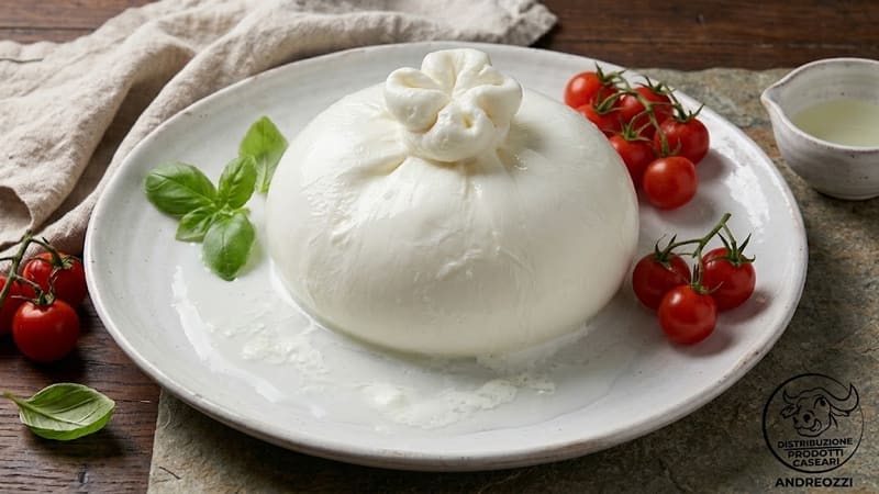 Una burrata di bufala chiusa con il nodo, su un piatto con pomodorini e basilico