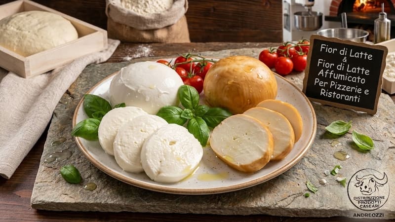 Fior di latte e provola affumicata su un piatto, con una lavagnetta che li indica per pizzerie e ristoranti