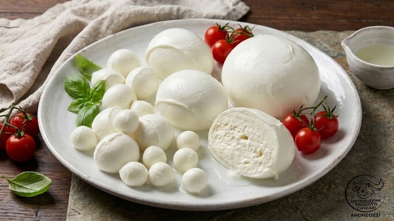 Mozzarelle di bufala di diverse pezzature su un piatto bianco, con pomodorini e basilico