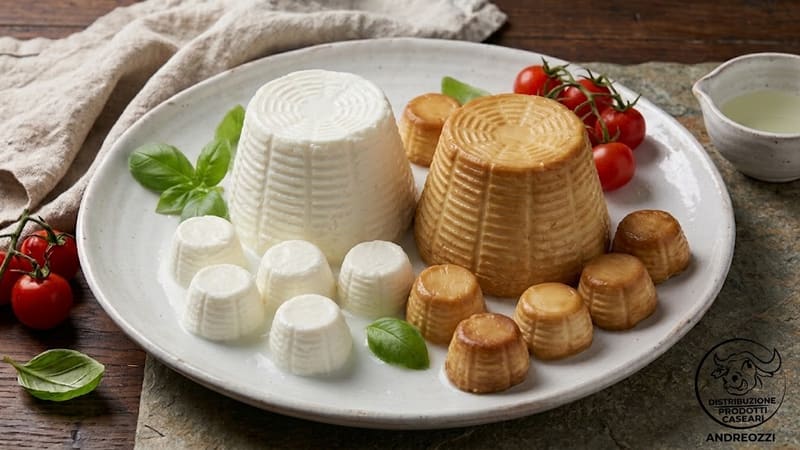 Ricottine bianche e affumicate in formato grande e piccolo su un piatto
