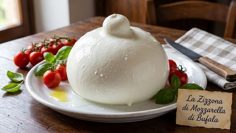 Una zizzona di mozzarella di bufala intera su un piatto bianco, con pomodorini e basilico